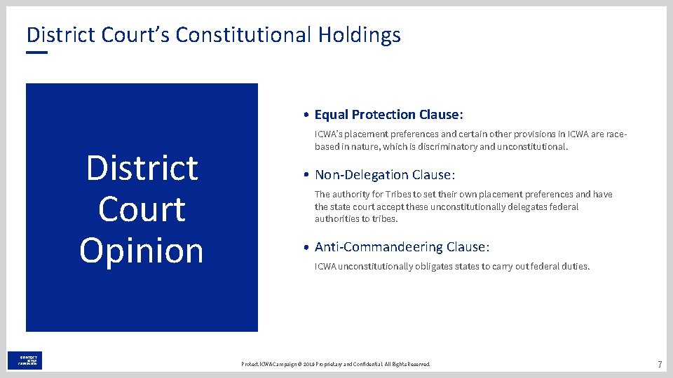 District Court’s Constitutional Holdings Equal Protection Clause: District Court Opinion ICWA’s placement preferences and