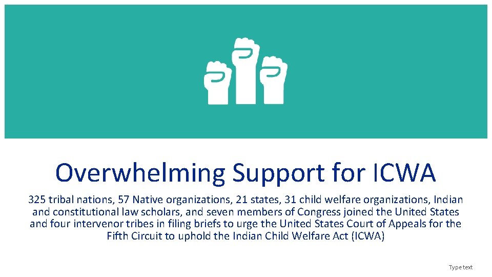 Overwhelming Support for ICWA 325 tribal nations, 57 Native organizations, 21 states, 31 child
