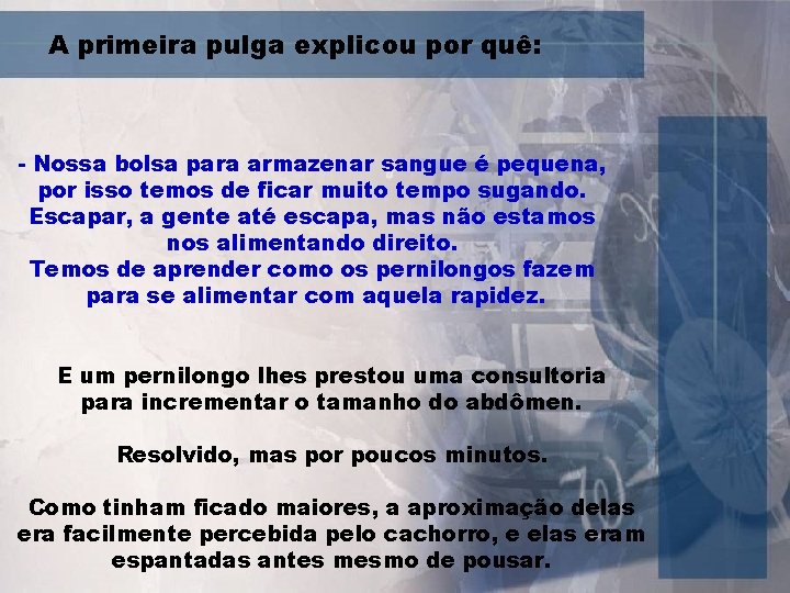 A primeira pulga explicou por quê: - Nossa bolsa para armazenar sangue é pequena,