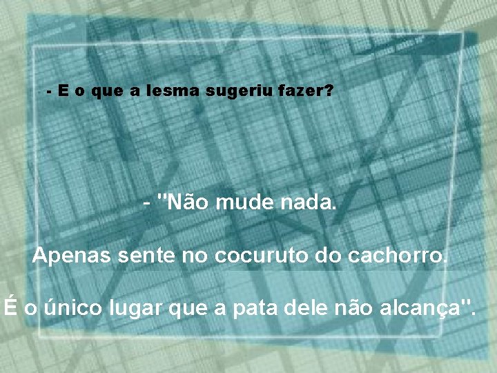 - E o que a lesma sugeriu fazer? - "Não mude nada. Apenas sente