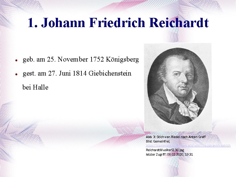 1. Johann Friedrich Reichardt geb. am 25. November 1752 Königsberg gest. am 27. Juni