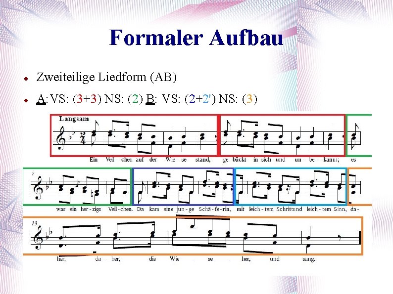 Formaler Aufbau Zweiteilige Liedform (AB) A: VS: (3+3) NS: (2) B: VS: (2+2') NS: