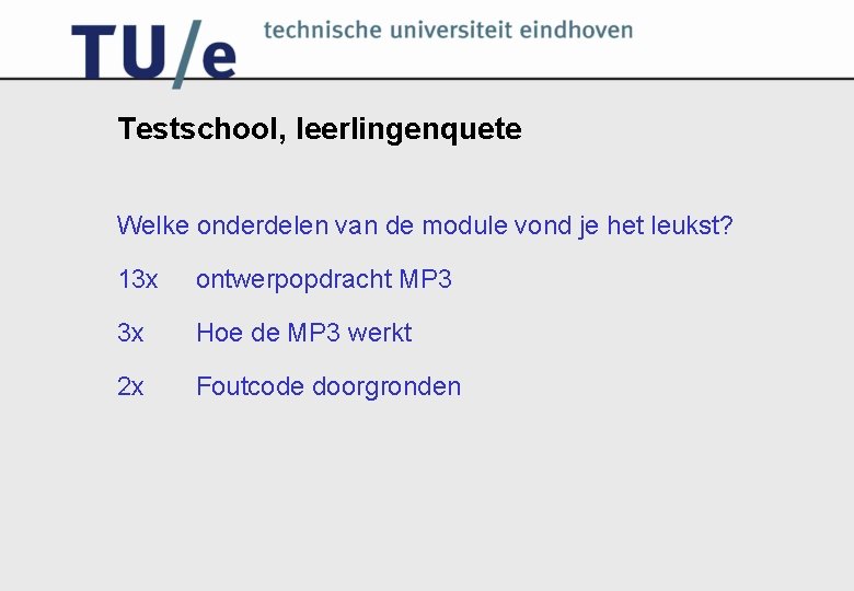 Testschool, leerlingenquete Welke onderdelen van de module vond je het leukst? 13 x ontwerpopdracht