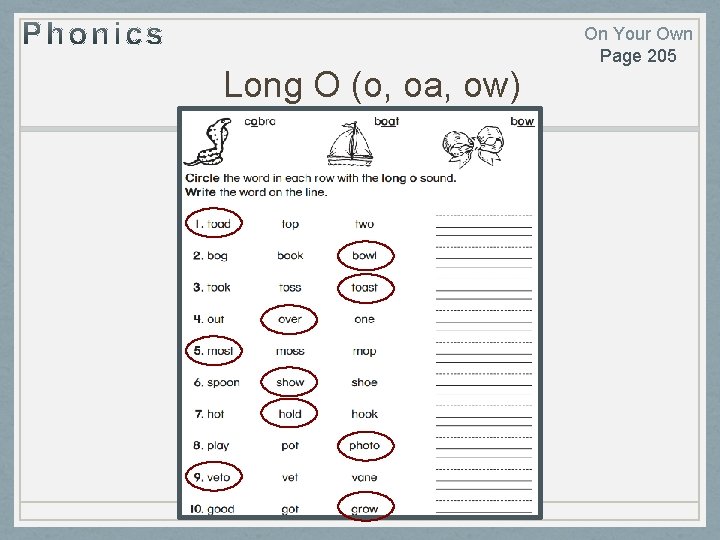 Long O (o, oa, ow) On Your Own Page 205 