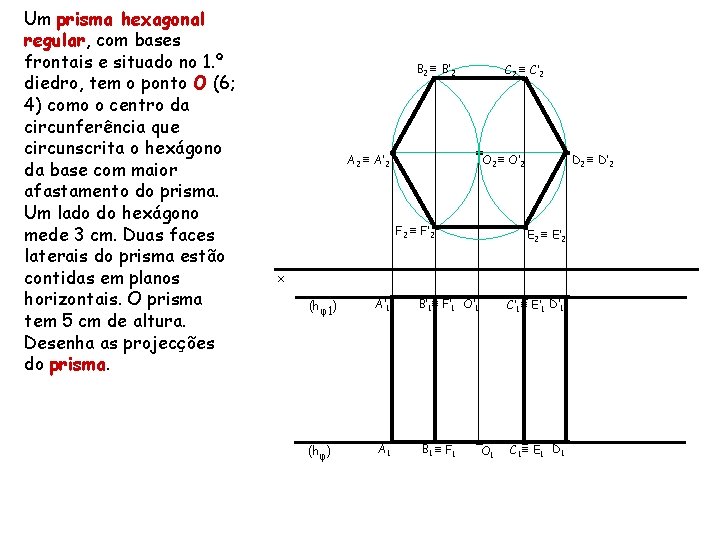 Um prisma hexagonal regular, com bases frontais e situado no 1. º diedro, tem