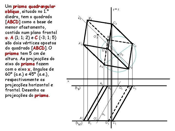 Um prisma quadrangular oblíquo, situado no 1. º diedro, tem o quadrado [ABCD] como