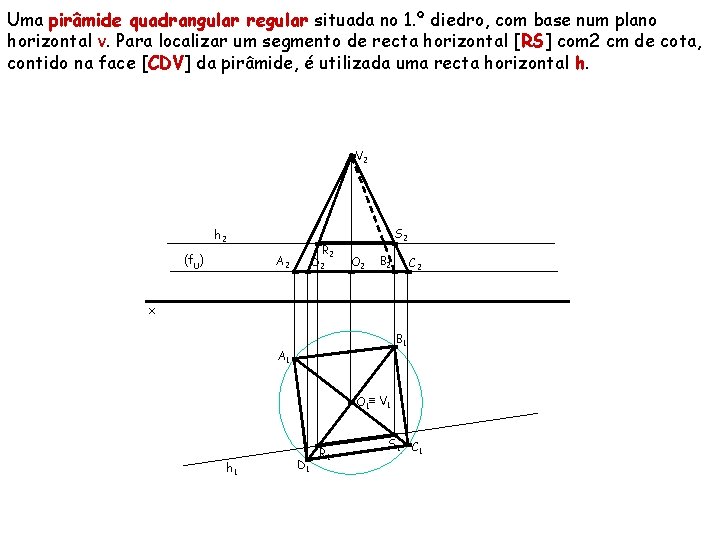 Uma pirâmide quadrangular regular situada no 1. º diedro, com base num plano horizontal