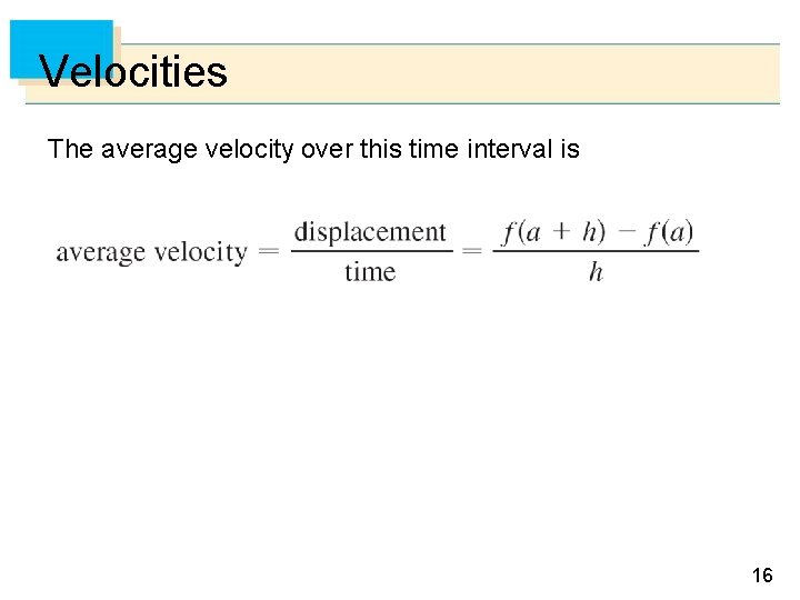 Velocities The average velocity over this time interval is 16 