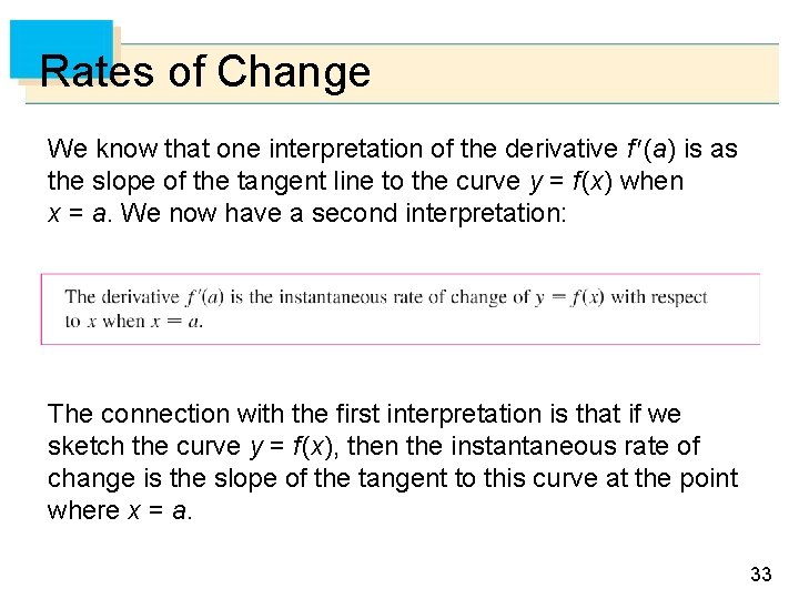 Rates of Change We know that one interpretation of the derivative f (a) is