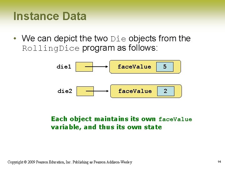 Instance Data • We can depict the two Die objects from the Rolling. Dice