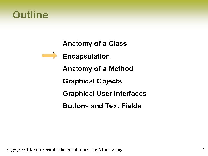 Outline Anatomy of a Class Encapsulation Anatomy of a Method Graphical Objects Graphical User