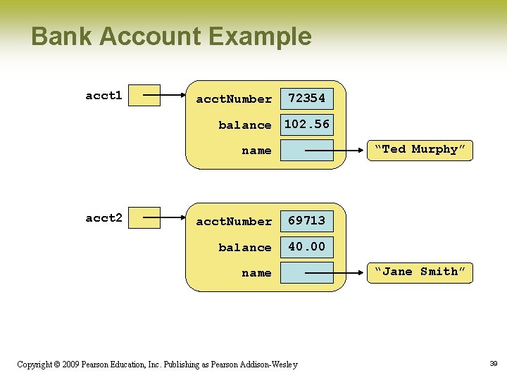 Bank Account Example acct 1 acct. Number 72354 balance 102. 56 “Ted Murphy” name