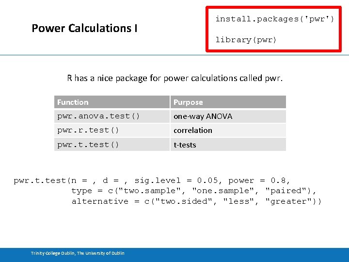 install. packages('pwr') Power Calculations I library(pwr) R has a nice package for power calculations