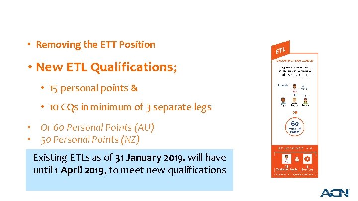  • Removing the ETT Position • New ETL Qualifications; • 15 personal points