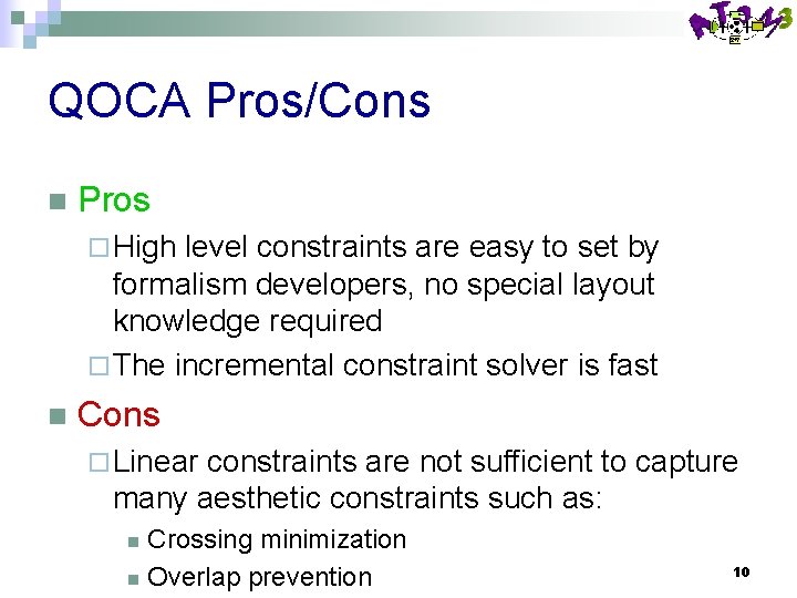 QOCA Pros/Cons n Pros ¨ High level constraints are easy to set by formalism