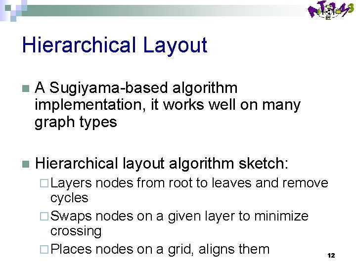 Hierarchical Layout n A Sugiyama-based algorithm implementation, it works well on many graph types