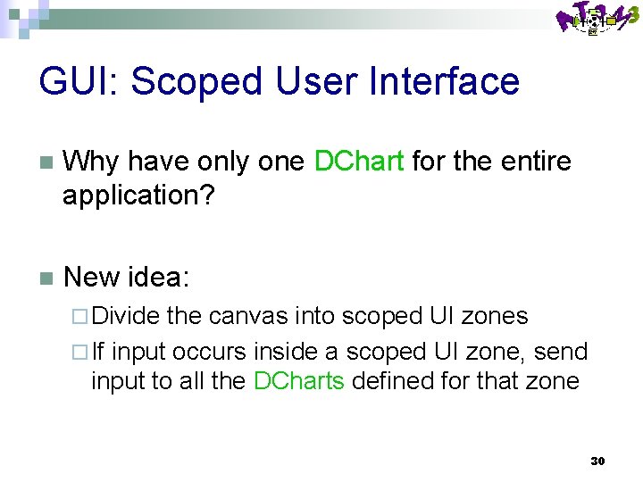 GUI: Scoped User Interface n Why have only one DChart for the entire application?