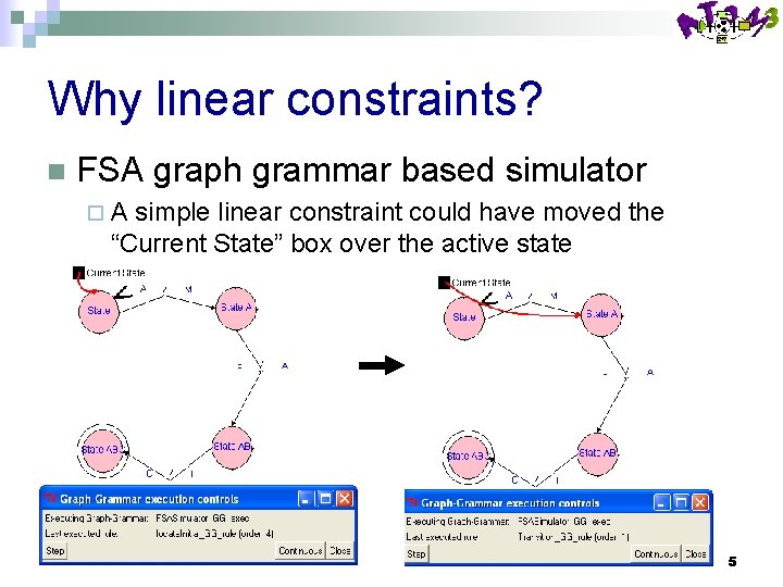 Why linear constraints? n FSA graph grammar based simulator ¨A simple linear constraint could