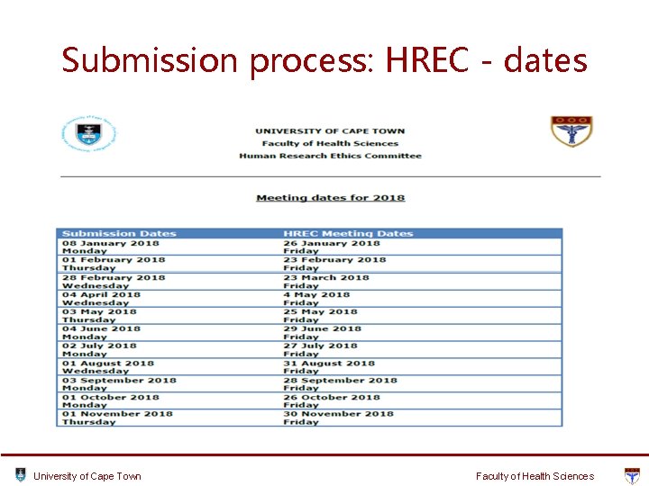 Submission process: HREC - dates University of Cape Town Faculty of Health Sciences Submission process: HREC - dates University of Cape Town Faculty of Health Sciences