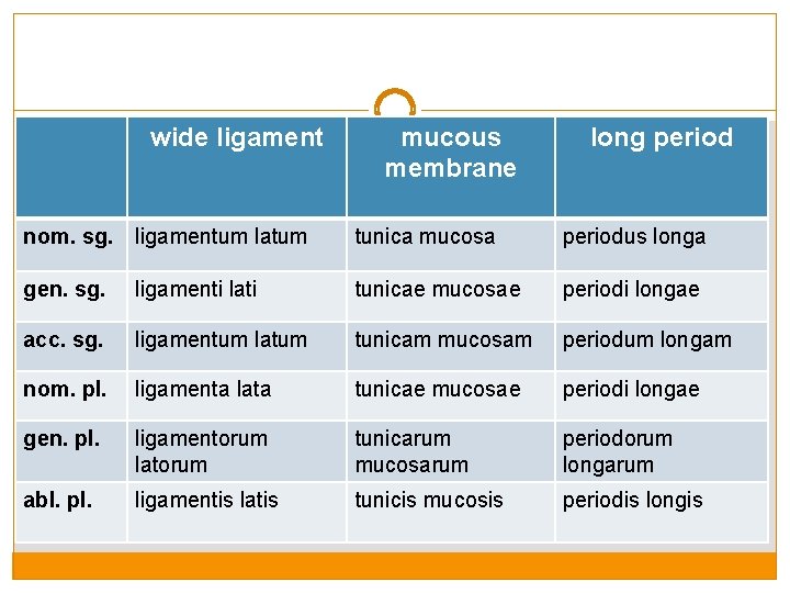 wide ligament mucous membrane long period nom. sg. ligamentum latum tunica mucosa periodus longa