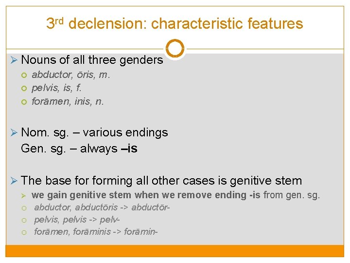 3 rd declension: characteristic features Ø Nouns of all three genders abductor, ōris, m.