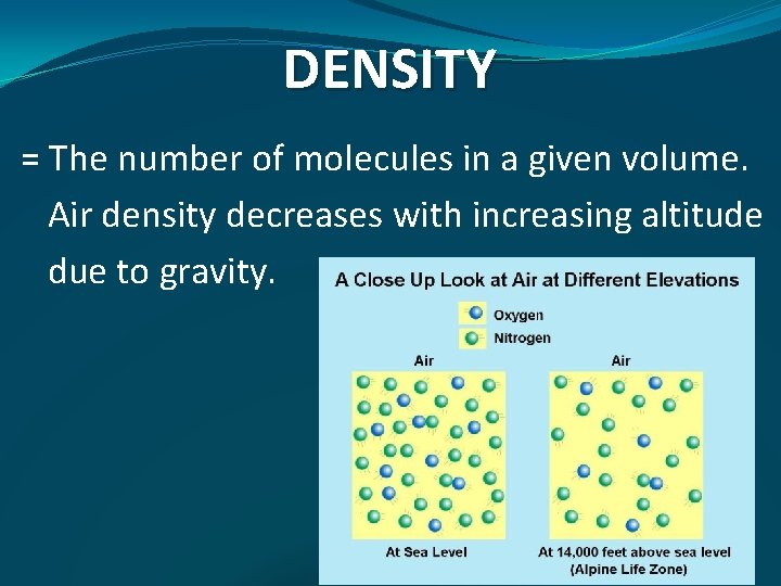 DENSITY = The number of molecules in a given volume. Air density decreases with
