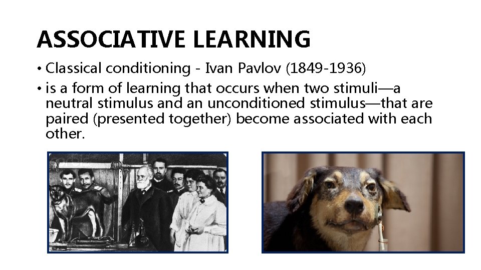 ASSOCIATIVE LEARNING • Classical conditioning - Ivan Pavlov (1849 -1936) • is a form ASSOCIATIVE LEARNING • Classical conditioning - Ivan Pavlov (1849 -1936) • is a form