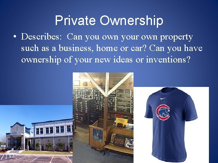 Private Ownership • Describes: Can you own your own property such as a business,