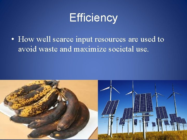 Efficiency • How well scarce input resources are used to avoid waste and maximize