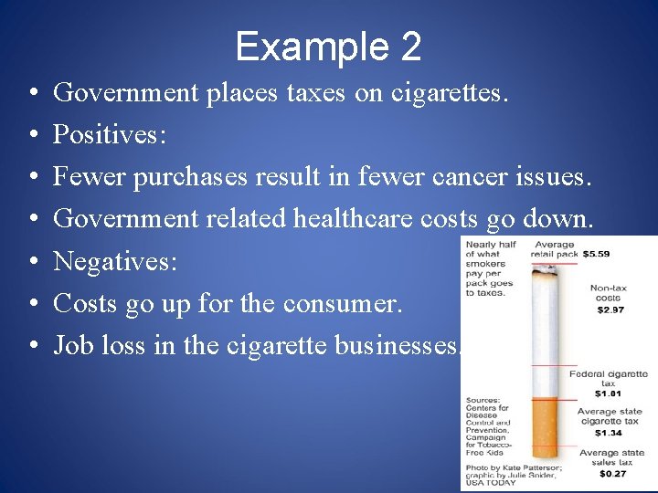 Example 2 • • Government places taxes on cigarettes. Positives: Fewer purchases result in