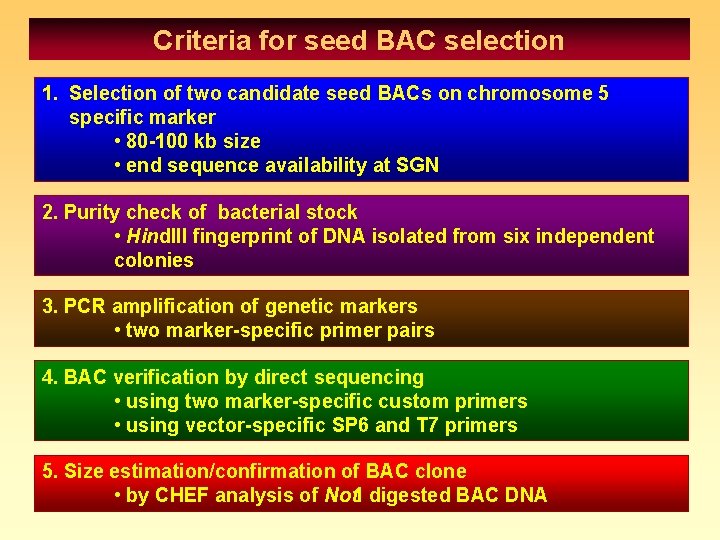 Criteria for seed BAC selection 1. Selection of two candidate seed BACs on chromosome