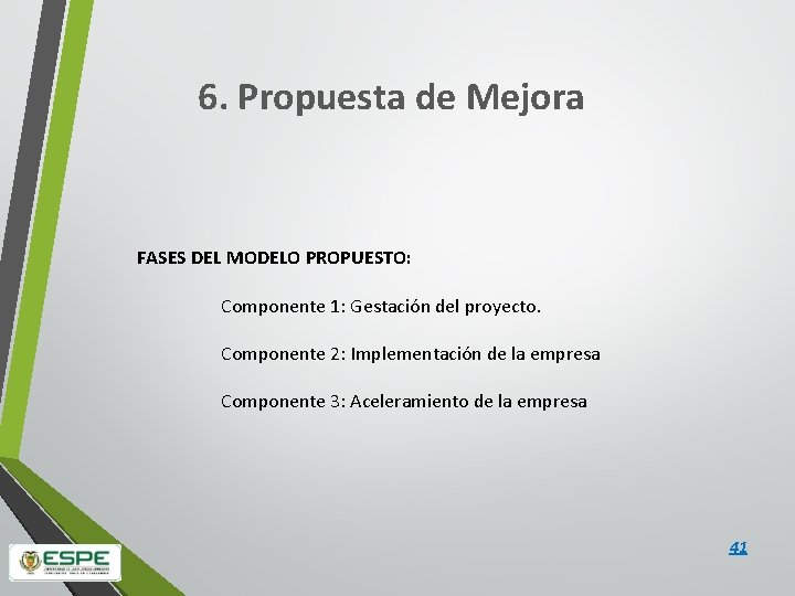 6. Propuesta de Mejora FASES DEL MODELO PROPUESTO: Componente 1: Gestación del proyecto. Componente