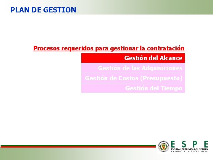 PLAN DE GESTION Procesos requeridos para gestionar la contratación Gestión del Alcance Gestión de