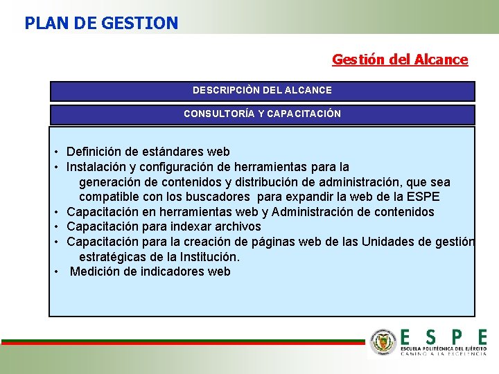 PLAN DE GESTION Gestión del Alcance DESCRIPCIÒN DEL ALCANCE CONSULTORÍA Y CAPACITACIÓN • Definición