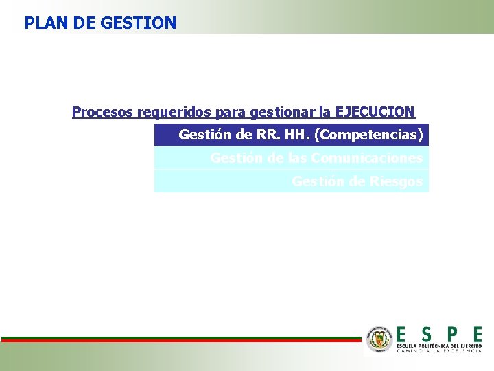 PLAN DE GESTION Procesos requeridos para gestionar la EJECUCION Gestión de RR. HH. (Competencias)