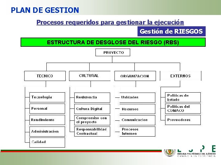 PLAN DE GESTION Procesos requeridos para gestionar la ejecución Gestión de RIESGOS ESTRUCTURA DE