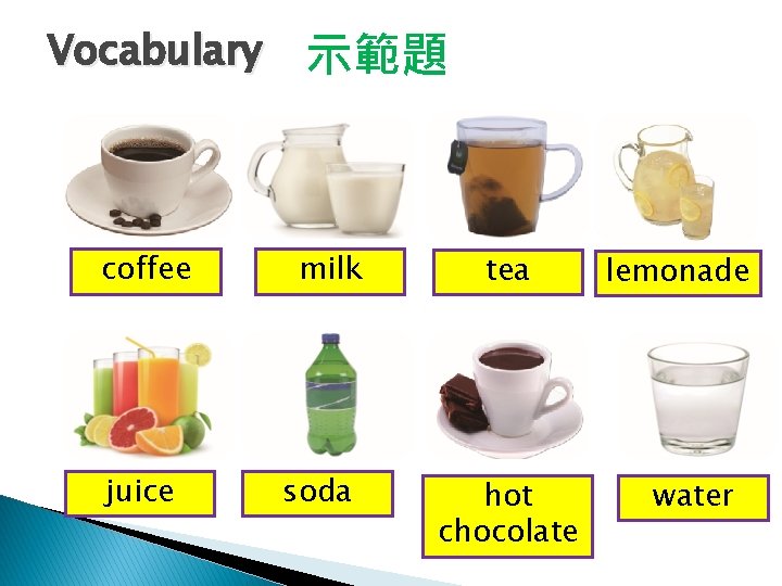 Vocabulary coffee juice 示範題 milk soda tea hot chocolate lemonade water 