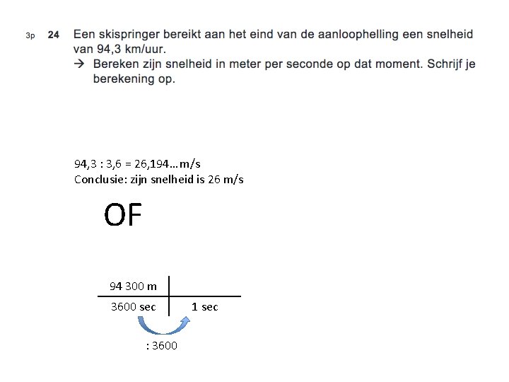 94, 3 : 3, 6 = 26, 194… m/s Conclusie: zijn snelheid is 26