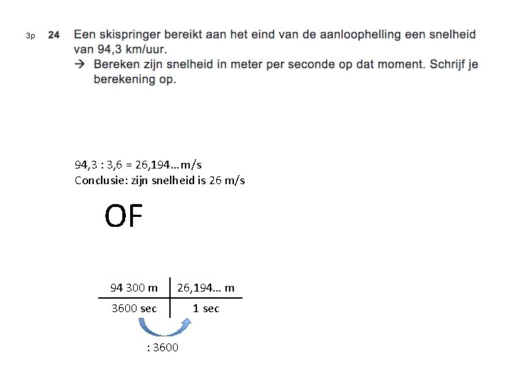 94, 3 : 3, 6 = 26, 194… m/s Conclusie: zijn snelheid is 26