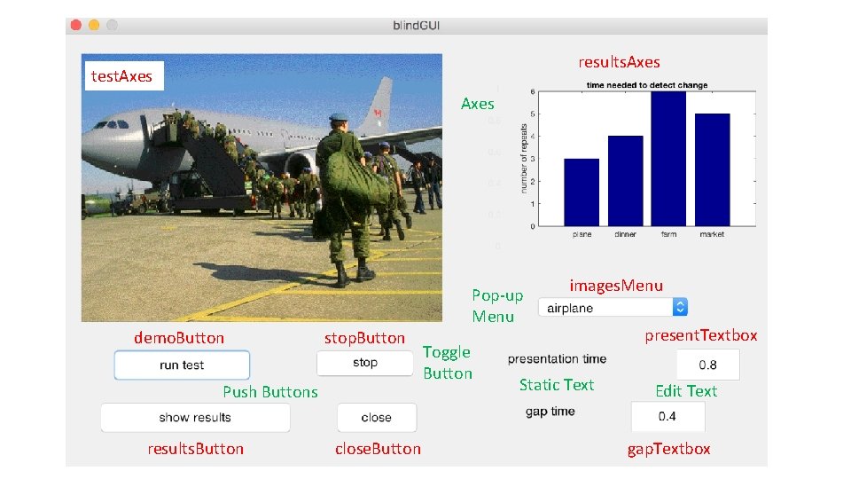 results. Axes test. Axes Pop-up Menu demo. Button stop. Button Push Buttons results. Button