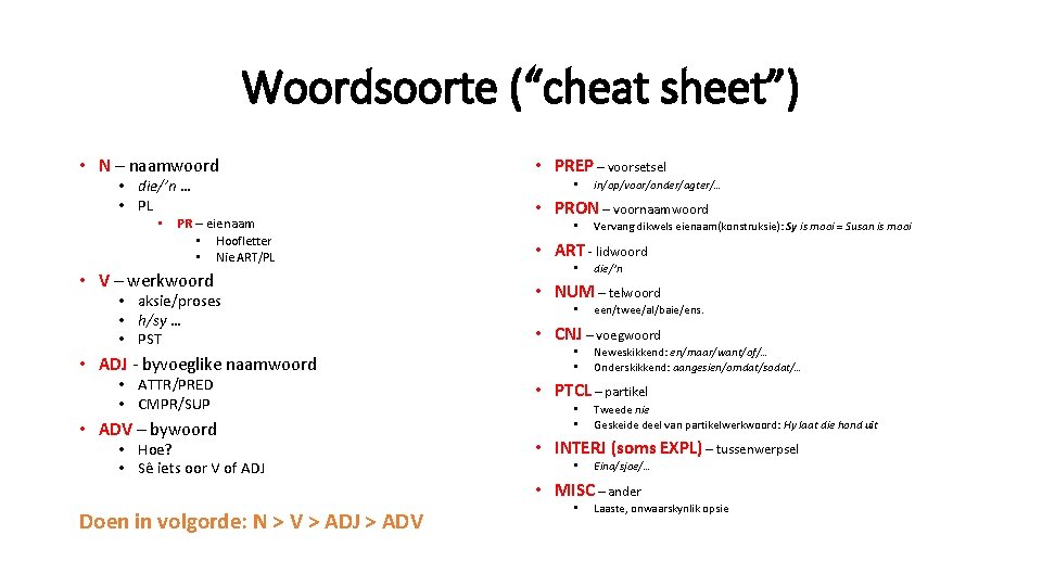 Woordsoorte (“cheat sheet”) • N – naamwoord • die/’n … • PL • PREP Woordsoorte (“cheat sheet”) • N – naamwoord • die/’n … • PL • PREP