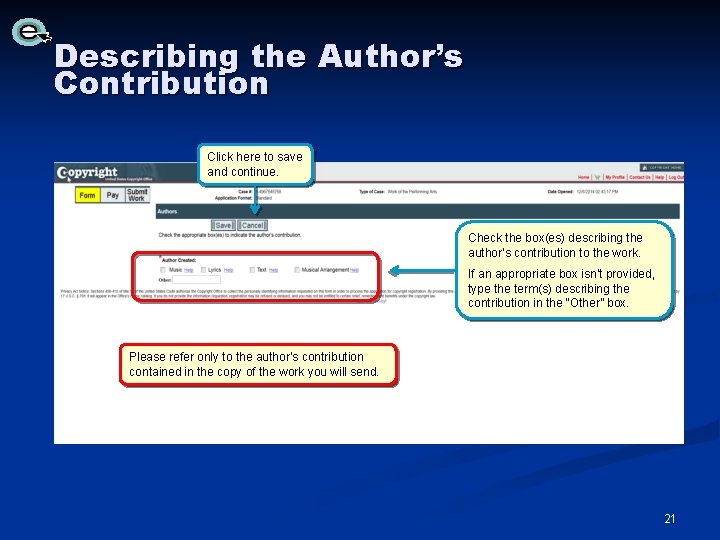 Describing the Author’s Contribution Click here to save and continue. Check the box(es) describing Describing the Author’s Contribution Click here to save and continue. Check the box(es) describing