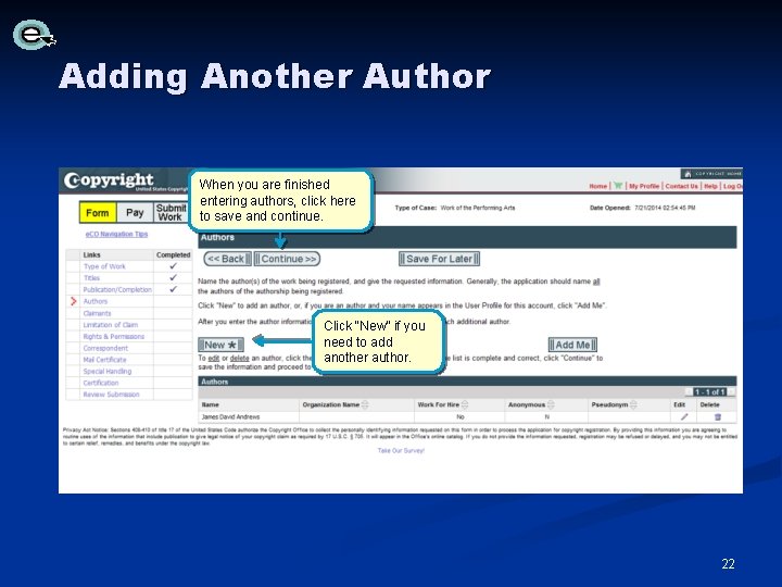 Adding Another Author When you are finished entering authors, click here to save and Adding Another Author When you are finished entering authors, click here to save and