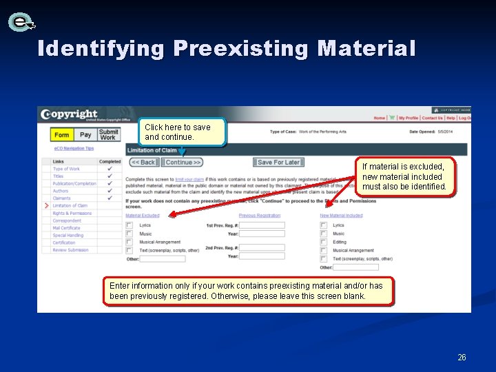 Identifying Preexisting Material Click here to save and continue. If material is excluded, new Identifying Preexisting Material Click here to save and continue. If material is excluded, new