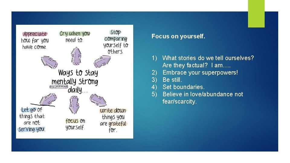 Focus on yourself. 1) What stories do we tell ourselves? Are they factual? I