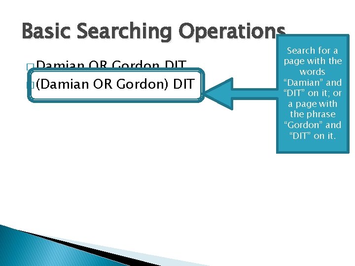 Basic Searching Operations � Damian OR Gordon DIT � (Damian OR Gordon) DIT Search