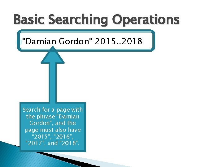 Basic Searching Operations � "Damian Gordon" 2015. . 2018 Search for a page with