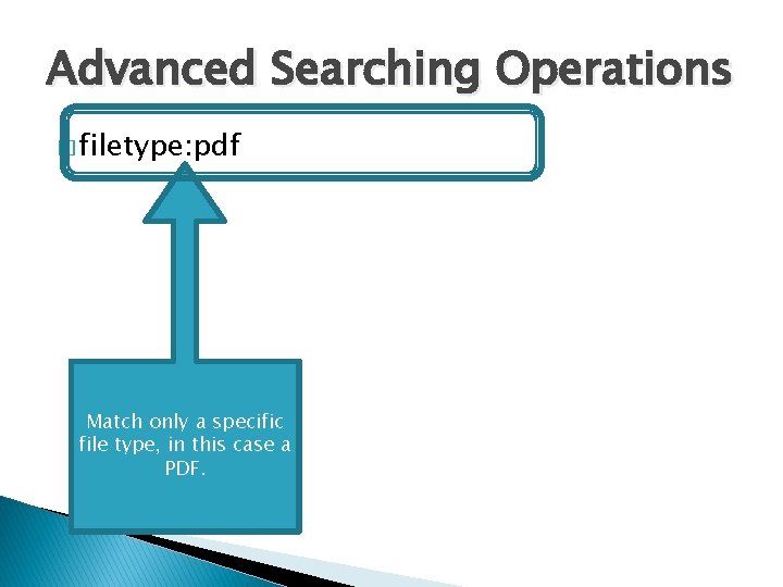 Advanced Searching Operations � filetype: pdf Match only a specific file type, in this