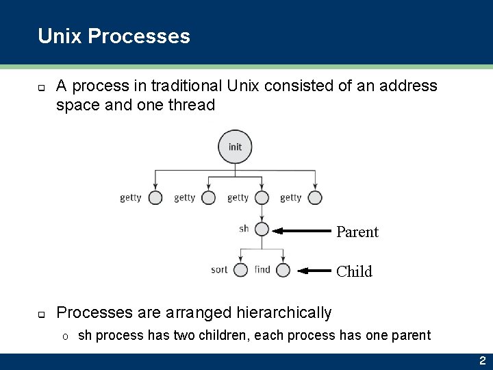 Unix Processes q A process in traditional Unix consisted of an address space and