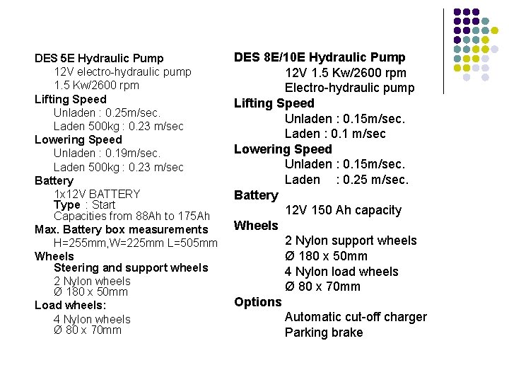 DES 5 E Hydraulic Pump 12 V electro-hydraulic pump 1. 5 Kw/2600 rpm Lifting